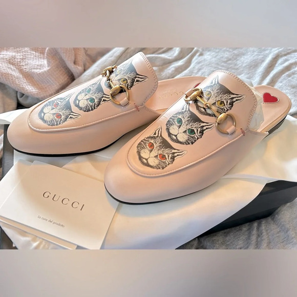 NIB Gucci Pink Leather Mystic Cat Princetown Mules Flats Size 37 - Picture 4 of 12